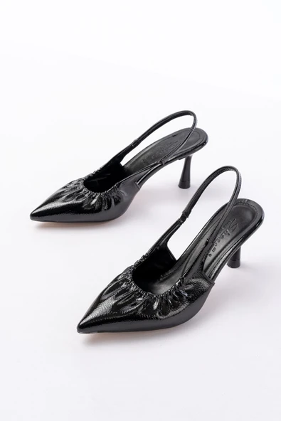 İNF-40451 Siyah Kırışık Rugan Günlük Arkası Açık Topuklu Bayan Ayakkabı - Resim 3