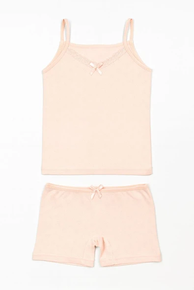Kız Çocuk Jakarlı İp Askılı Atlet ve Şort Takım 6'lı Set Beyaz , Pembe , Krem - Resim 3