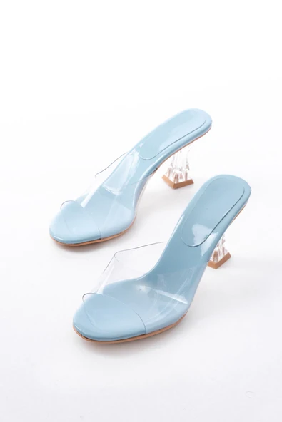 S-619 Bebe Mavi Rugan Şeffaf Bantlı Şeffaf Topuklu Yuvarlak Burunlu Kadın Terlik - Resim 3