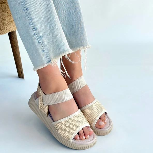 Pabucmarketi Bej Hasır Kadın Düz Sandalet - 4