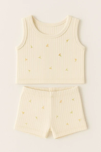 Kız Çocuk Derby Ribana Geniş Askılı Desenli Atlet Şortlu Takım 6'lı Set - Rahat Yazlık Ev Giyim - Resim 5