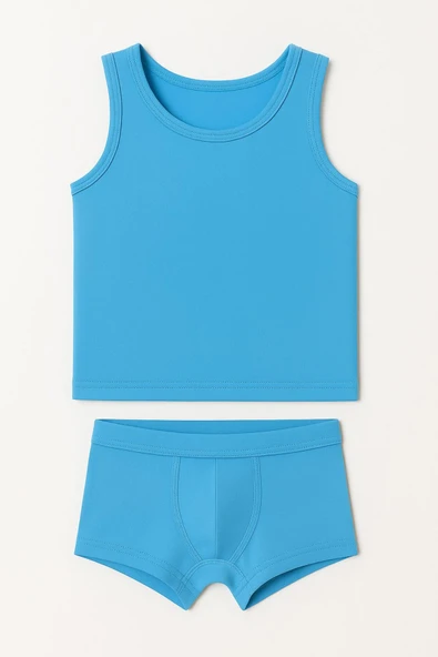 Erkek Çocuk Renkli Ribana Atlet Boxer Takım 6'lı Set Pamuklu Rahat Kumaş , Mavi , Gri ve Siyah ürün görseli