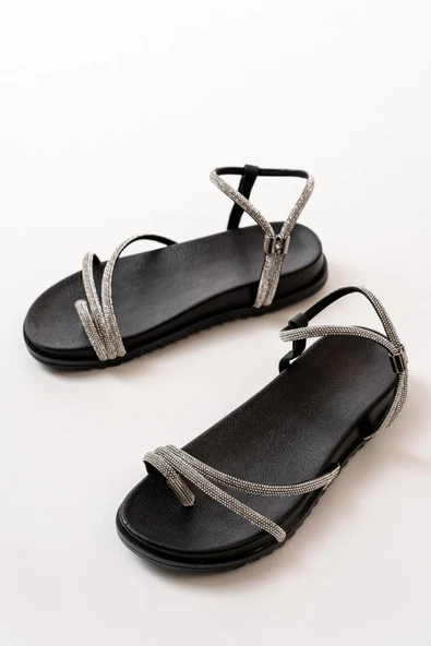 1001-1101 Siyah Gümüş Taşlı Günlük Kadın Sandalet - 4