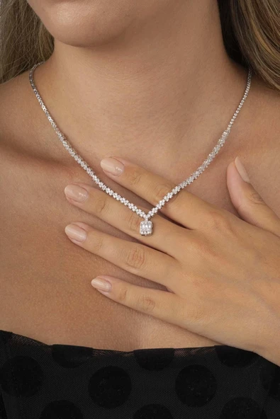 Gümüş Pazarım Baget Taşlı Pırlanta Montür Su Yolu Kadın Gümüş Kolye - Resim 3