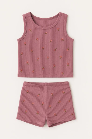 Kız Çocuk Derby Ribana Geniş Askılı Desenli Atlet Şortlu Takım 6'lı Set - Rahat Yazlık Ev Giyim - Resim 4