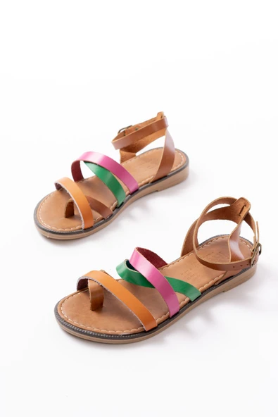 205-209 Turuncu Multi Hakiki Deri Tokalı Parmak Arası Kadın Sandalet - 4