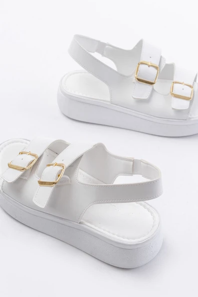 24413-572 Beyaz Günlük Dolgu Topuk Toka Aksesuarlı Kadın Sandalet - Resim 5
