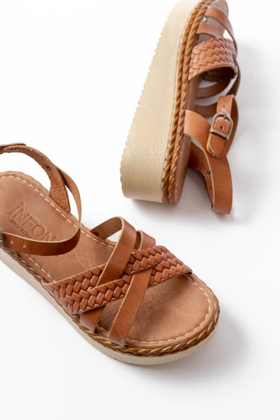 730-138 Taba Örgü Hakiki Deri Ortopedik Taban Kadın Sandalet - 5