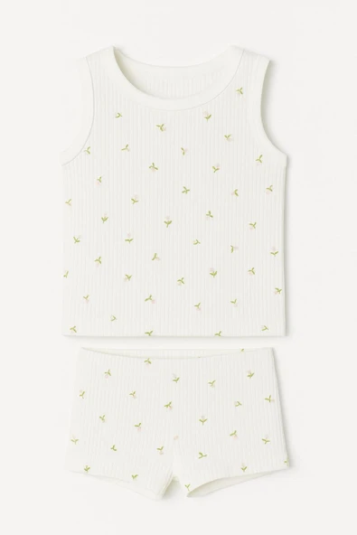 Kız Çocuk Derby Ribana Geniş Askılı Desenli Atlet Şortlu Takım 6'lı Set - Rahat Yazlık Ev Giyim - Resim 3