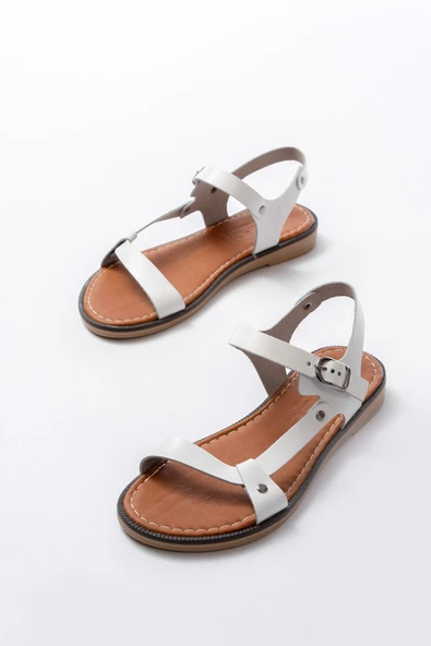 205-090 Beyaz Hakiki Deri Tokalı Kadın Sandalet - 5