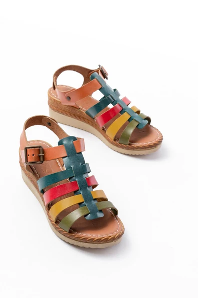 731-204 Multi  Hakiki Deri Dolgu Topuklu Günlük Kadın Sandalet - Resim 3