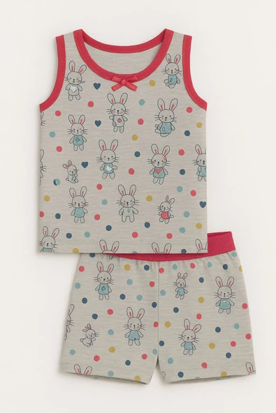 Kız Çocuk Emprime Desenli Atlet Şortlu Takım 6'lı Set - Rahat Yazlık Ev Giyim - Resim 4