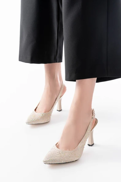 S-601 Bej Arkası Açık Taş Aksesuarlı Günlük Kadın Sandalet - Resim 2