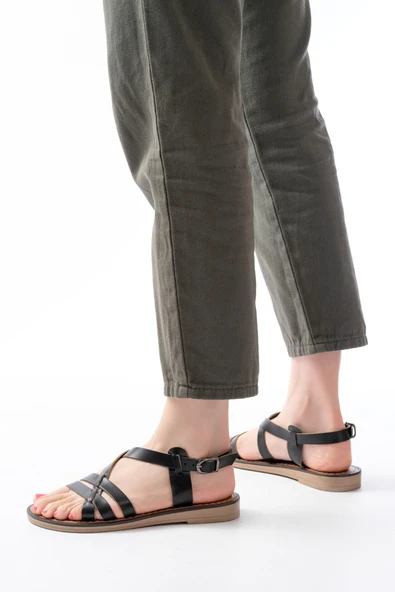 205-05 Siyah Ortopedik Hakiki Deri Kadın Sandalet - Resim 4