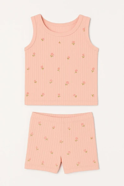 Kız Çocuk Derby Ribana Geniş Askılı Desenli Atlet Şortlu Takım 6'lı Set - Rahat Yazlık Ev Giyim - Resim 6