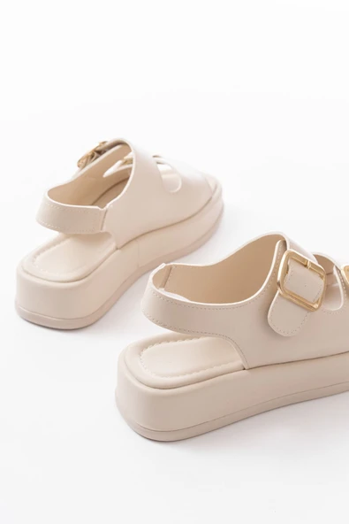 1187 Bej Dolgu Topuk Lastik Baretli  Kadın Sandalet - Resim 5