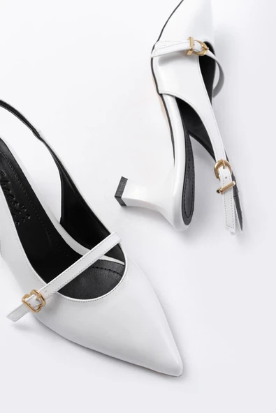 H-470 Beyaz Rugan Baret Tokalı Arkası Açık Günlük Kadın Sandalet - Resim 5