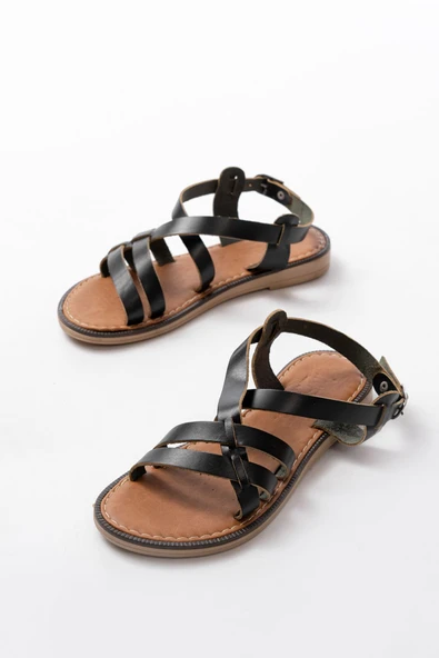 205-05 Siyah Ortopedik Hakiki Deri Kadın Sandalet - Resim 5