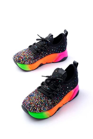 RS-403  Siyah Bağcıklı Fileli Multi Taşlı Renkli Taban Günlük Kadın Spor - Resim 3