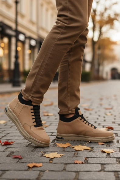 Aspor Kum Nubuk Hakiki Deri İçi Kürklü Erkek Düz Bot - Resim 3