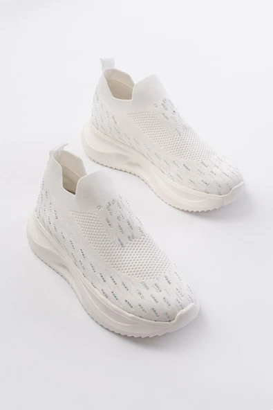 DM-707  Beyaz Fileli Faillant Taban Taş Aksesuarlı Günlük Spor Ayakkabı - Resim 4