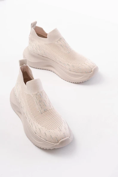 DM-707  Bej Fileli Faillant Taban Taş Aksesuarlı Günlük Spor Ayakkabı - Resim 5