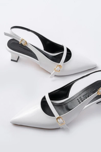 H-470 Beyaz Rugan Baret Tokalı Arkası Açık Günlük Kadın Sandalet - Resim 4