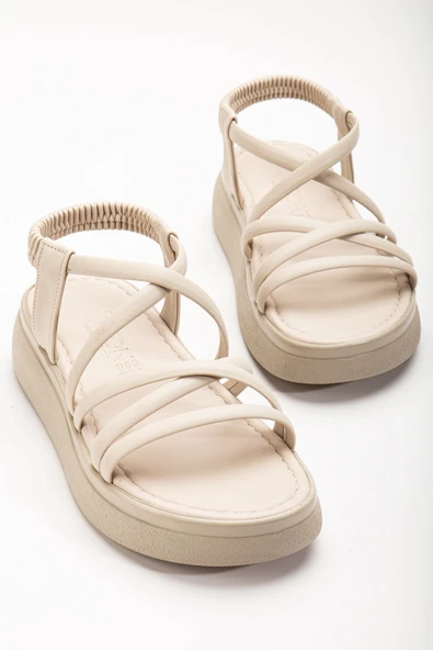 24413-841 Bej Dolgu Topuk Kadın Sandalet - Resim 3