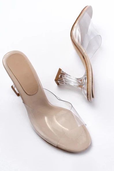 S-619 Bej Rugan Şeffaf Bantlı Şeffaf Topuklu Yuvarlak Burunlu Kadın Terlik - Resim 4