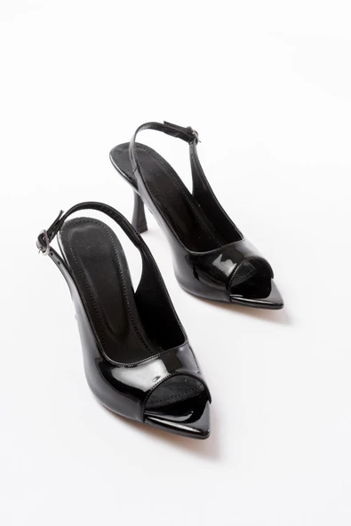 717 Siyah Rugan Sivri Burunlu Topuklu Kadın Sandalet - Resim 3