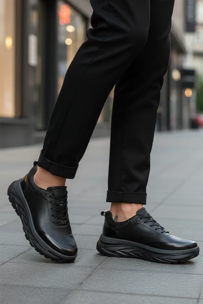 Marcomen Siyah Hakiki Deri Bağcıklı Erkek Sneaker - Resim 3