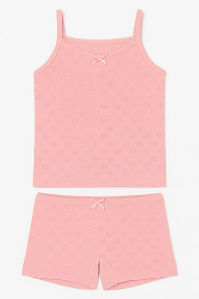 Kız Çocuk Jakarlı İp Askılı Atlet ve Şort Takım 6'lı Set Beyaz , Pembe , Krem - Resim 2