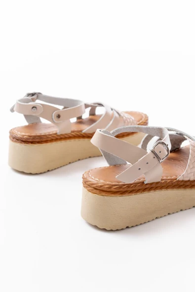 730-138 Bej Örgü Hakiki Deri Ortopedik Taban Kadın Sandalet - 5