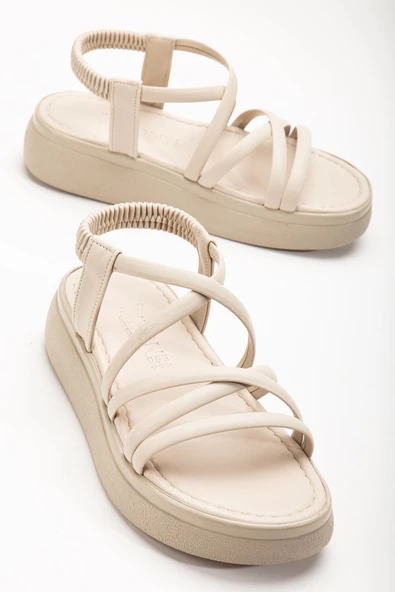 24413-841 Bej Dolgu Topuk Kadın Sandalet - Resim 4