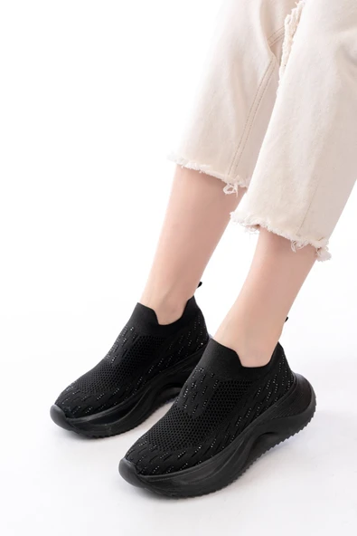 DM-707  Siyah Fileli Faillant Taban Taş Aksesuarlı Günlük Spor Ayakkabı - Resim 2