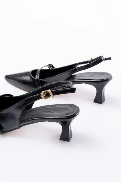 H-470 Siyah Rugan Baret Tokalı Arkası Açık Günlük Kadın Sandalet - Resim 4