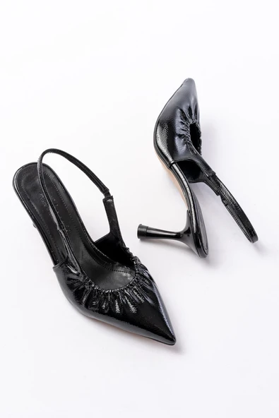 İNF-40451 Siyah Kırışık Rugan Günlük Arkası Açık Topuklu Bayan Ayakkabı - Resim 4