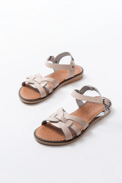 205-030 Bej Hakiki Deri Ortopedik Taban Kadın Sandalet - Resim 5