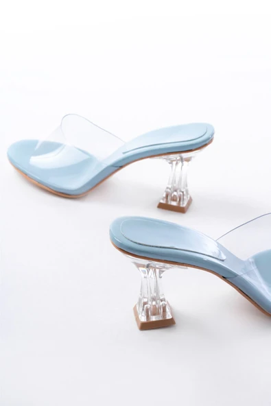 S-619 Bebe Mavi Rugan Şeffaf Bantlı Şeffaf Topuklu Yuvarlak Burunlu Kadın Terlik - Resim 5