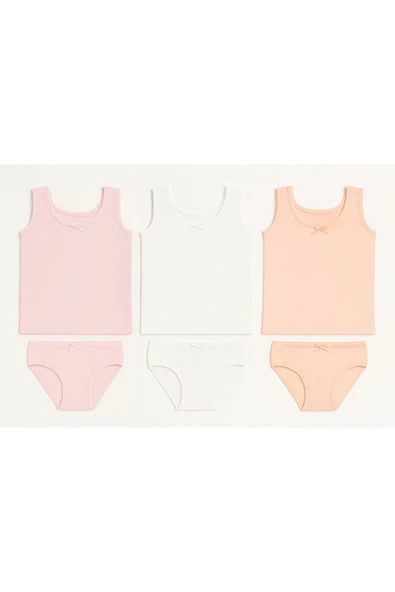 Kız Çocuk Ribana Geniş Askılı Atlet Külotlu Takım 6'lı Set - Rahat İç Giyim Pembe , Beyaz , Krem ürün görseli
