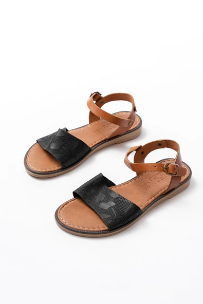 205-012 Siyah Ortopedik Hakiki Deri Kadın Sandalet - Resim 5