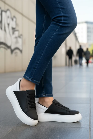 Aspor Siyah Beyaz Kalın Taban Bağcıklı Kadın Spor Ayakkabı - 3