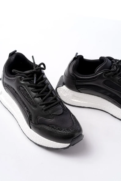 F-307 Siyah Bağcıklı Saten Taş Aksesuarlı Günlük Spor Ayakkabı - Resim 4