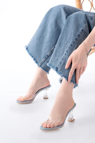 S-619 Bebe Mavi Rugan Şeffaf Bantlı Şeffaf Topuklu Yuvarlak Burunlu Kadın Terlik - Resim 2