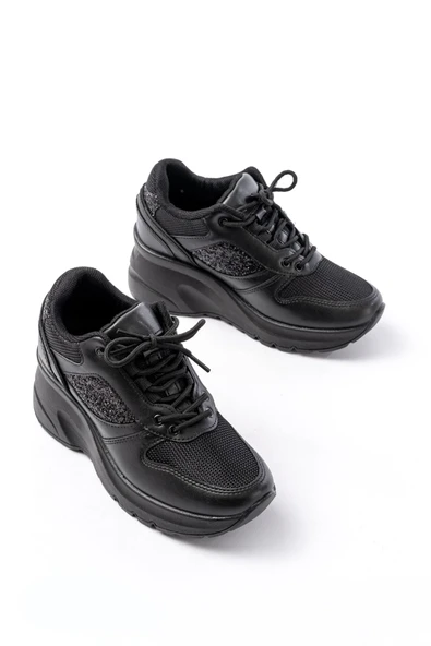 F-185 Siyah Günlük Bağcıklı Taş Aksesuarlı Yazlık Spor Ayakkabı - Resim 3