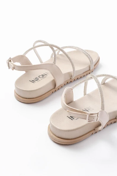 1001-1105 Bej Gümüş Taşlı Günlük Kadın Sandalet - Resim 5