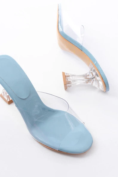 S-619 Bebe Mavi Rugan Şeffaf Bantlı Şeffaf Topuklu Yuvarlak Burunlu Kadın Terlik - Resim 4