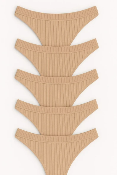 Kadın Pamuklu Tanga Külot 5’li Paket - Taş Rengi - Resim 3