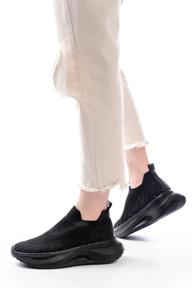 DM-707  Siyah Fileli Faillant Taban Taş Aksesuarlı Günlük Spor Ayakkabı ürün görseli