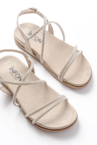 1001-1105 Bej Gümüş Taşlı Günlük Kadın Sandalet - Resim 4